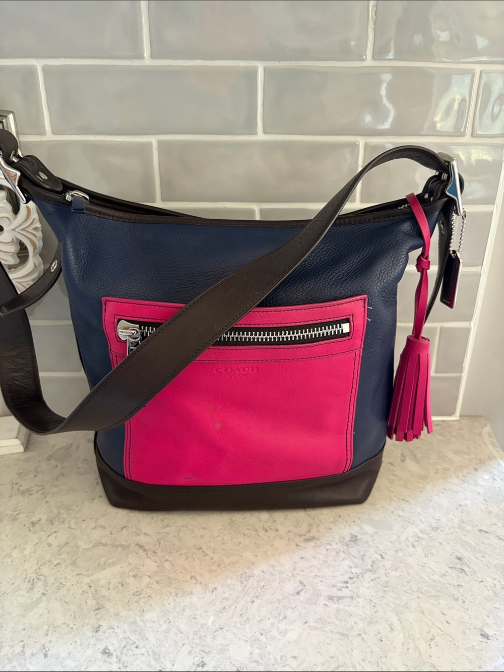 Coach Legacy Colorblock Duffel Hobo Shoulder Purse 19995 Pink Navy